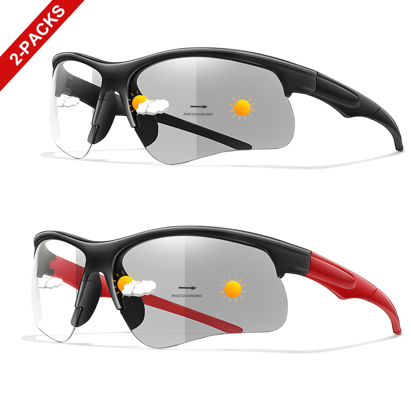 Outdoor Sport Glasses - 2 Pairs Fashion Photochromic Sunglasses for